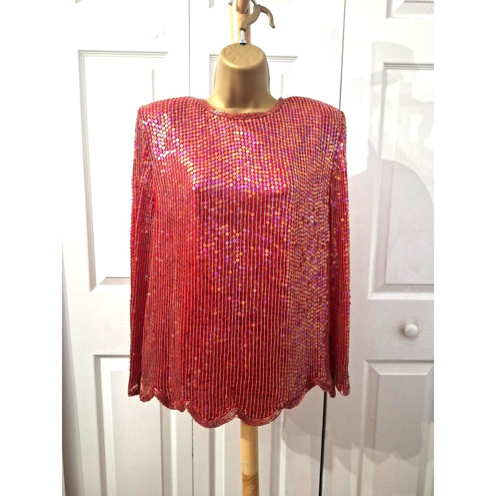 Vintage 80's Lord & Taylor Red Sequin Silk Blouse Scalloped Hem Sz 12 Maximalist